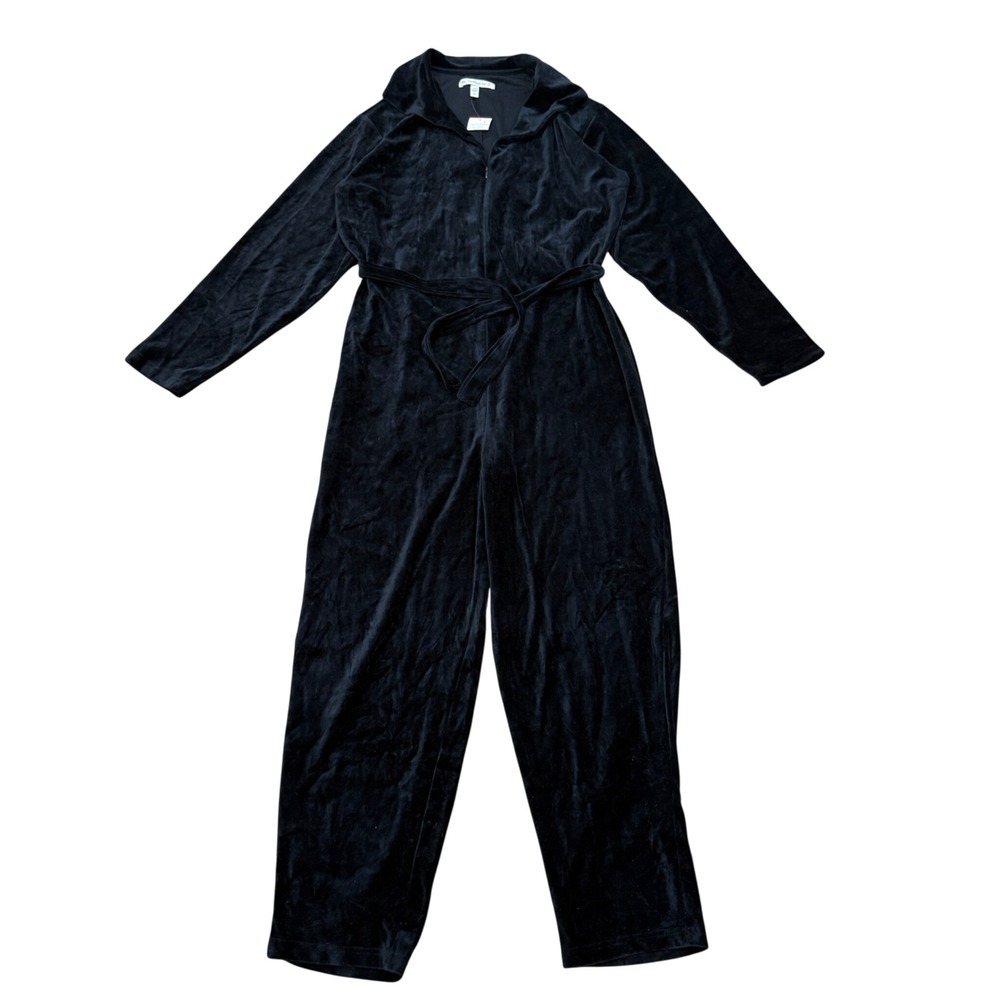 VTG Victorias Secret Velour Jumpsuit Black Velvet Zip Front Belted NWT Large L
